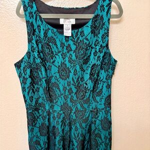 SWEET STORM Black Rose Lace over Teal Blue Midi Dress Size Large